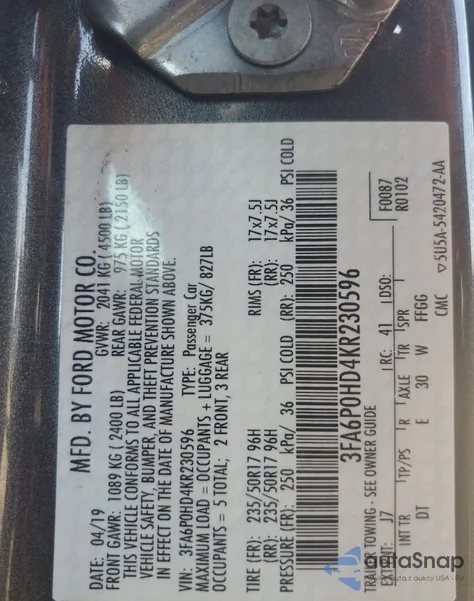 2019 Ford Fusion Se z USA, uszkodzony, nr VIN 3FA6P0HD4KR230596